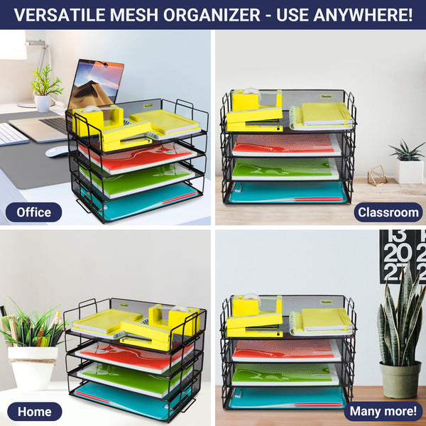 Stackable Paper Tray Desk Organizer � 4 Tier Metal Mesh Letter Organizers for Business, Home, School, Stores and More, Organize Files, Folders, Letters, Paper, Binders