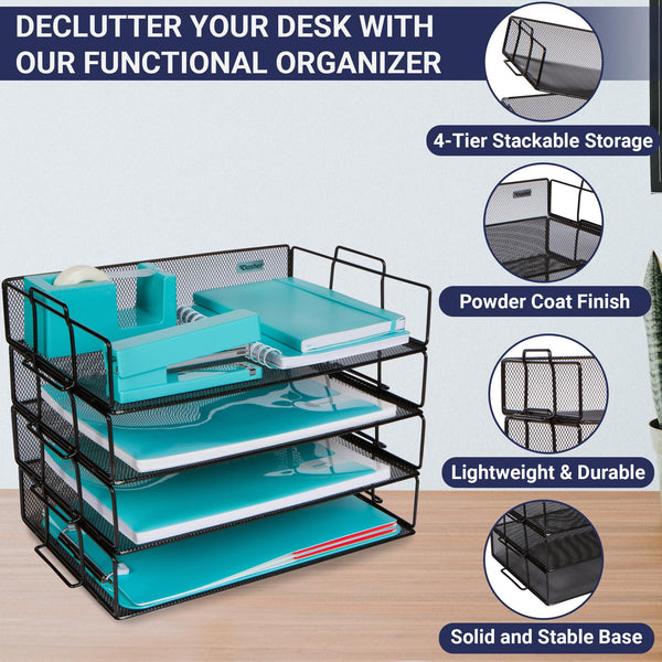 Stackable Paper Tray Desk Organizer � 4 Tier Metal Mesh Letter Organizers for Business, Home, School, Stores and More, Organize Files, Folders, Letters, Paper, Binders