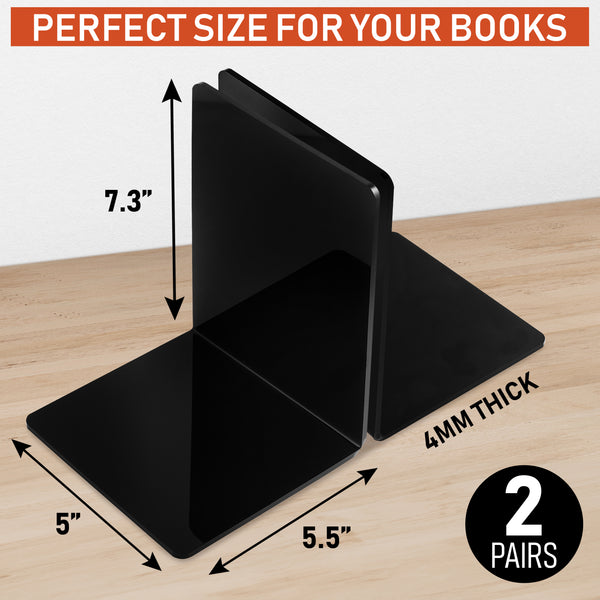 Acrylic Bookends, 2 Pairs of Clear Invisible Book Ends for Shelves, 4mm Heavy Duty Non Skid Book Holders for Books, Movies, DVDs, CDs, Video Games. Book Stopper for Home, Office, Library (Black)