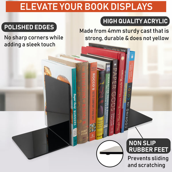 Acrylic Bookends, 2 Pairs of Clear Invisible Book Ends for Shelves, 4mm Heavy Duty Non Skid Book Holders for Books, Movies, DVDs, CDs, Video Games. Book Stopper for Home, Office, Library (Black)
