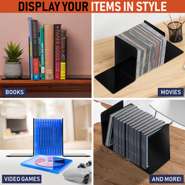 Acrylic Bookends, 2 Pairs of Clear Invisible Book Ends for Shelves, 4mm Heavy Duty Non Skid Book Holders for Books, Movies, DVDs, CDs, Video Games. Book Stopper for Home, Office, Library (Black)
