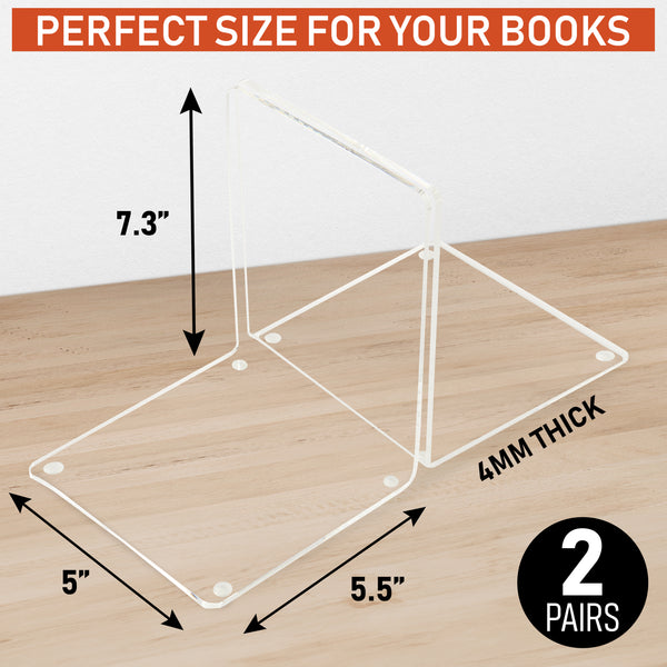 Acrylic Bookends, 2 Pairs of Clear Invisible Book Ends for Shelves, 4mm Heavy Duty Non Skid Book Holders for Books, Movies, DVDs, CDs, Video Games. Book Stopper for Home, Office, Library (Clear)