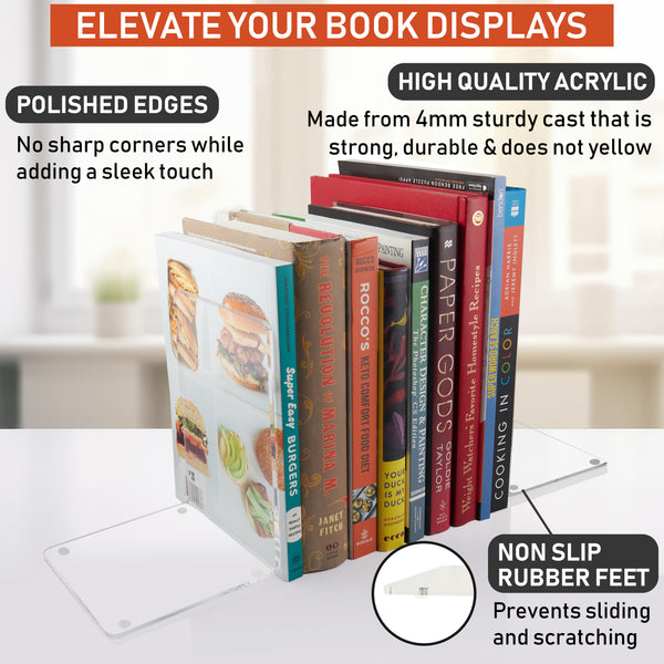 Acrylic Bookends, 2 Pairs of Clear Invisible Book Ends for Shelves, 4mm Heavy Duty Non Skid Book Holders for Books, Movies, DVDs, CDs, Video Games. Book Stopper for Home, Office, Library (Clear)