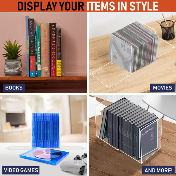 Acrylic Bookends, 2 Pairs of Clear Invisible Book Ends for Shelves, 4mm Heavy Duty Non Skid Book Holders for Books, Movies, DVDs, CDs, Video Games. Book Stopper for Home, Office, Library (Clear)