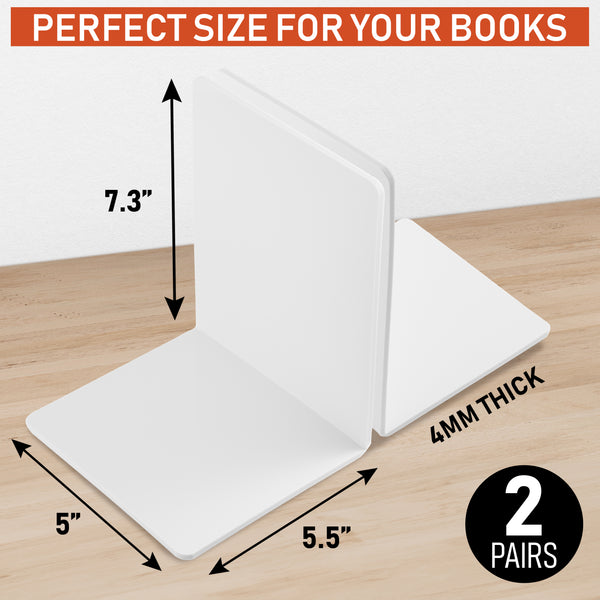 Acrylic Bookends, 2 Pairs of Clear Invisible Book Ends for Shelves, 4mm Heavy Duty Non Skid Book Holders for Books, Movies, DVDs, CDs, Video Games. Book Stopper for Home, Office, Library (White)