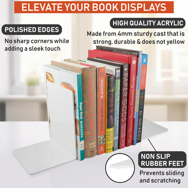 Acrylic Bookends, 2 Pairs of Clear Invisible Book Ends for Shelves, 4mm Heavy Duty Non Skid Book Holders for Books, Movies, DVDs, CDs, Video Games. Book Stopper for Home, Office, Library (White)