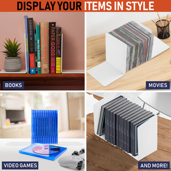 Acrylic Bookends, 2 Pairs of Clear Invisible Book Ends for Shelves, 4mm Heavy Duty Non Skid Book Holders for Books, Movies, DVDs, CDs, Video Games. Book Stopper for Home, Office, Library (White)