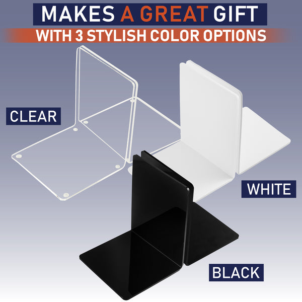 Acrylic Bookends, 2 Pairs of Clear Invisible Book Ends for Shelves, 4mm Heavy Duty Non Skid Book Holders for Books, Movies, DVDs, CDs, Video Games. Book Stopper for Home, Office, Library (White)