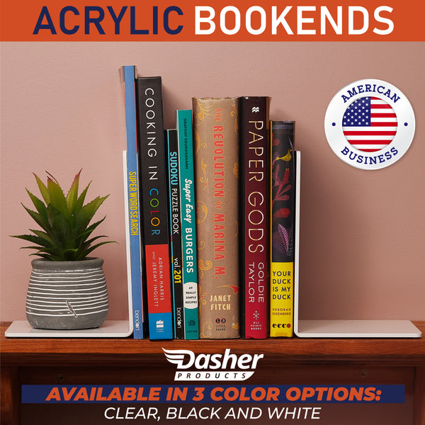 Acrylic Bookends, 2 Pairs of Clear Invisible Book Ends for Shelves, 4mm Heavy Duty Non Skid Book Holders for Books, Movies, DVDs, CDs, Video Games. Book Stopper for Home, Office, Library (White)