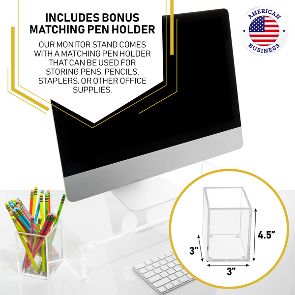 Acrylic Monitor Stand with Matching Pen Holder, 12mm Thick Clear Acrylic Monitor Riser, Laptop Stand for Home, Office, and Work. Computer Desk Riser with Keyboard Storage for LCD LED TV Screen (Clear)