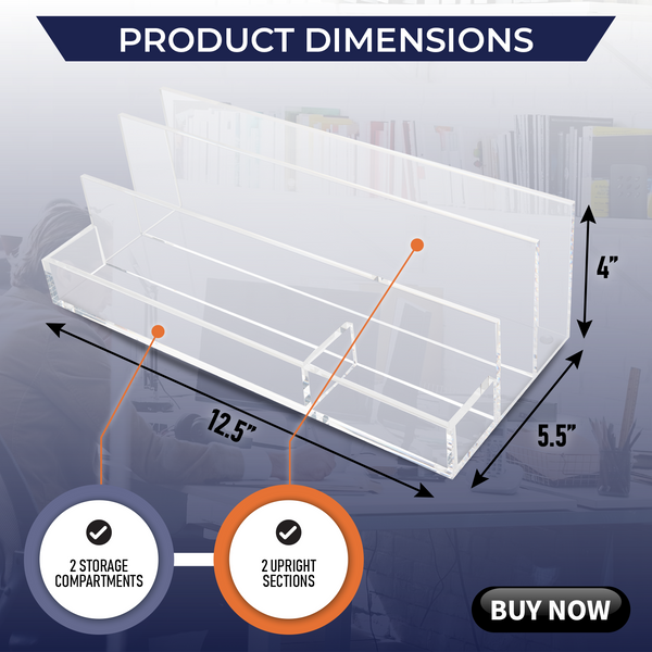 Acrylic Desk Organizer for Office Supplies and Desk Accessories, 12.5 x 5.5 x 4 and 5mm Acrylic Valet to Organize Documents, Files, Mail, Paper Clips, Sticky Notes, Tablet, and Other Storage (Clear)
