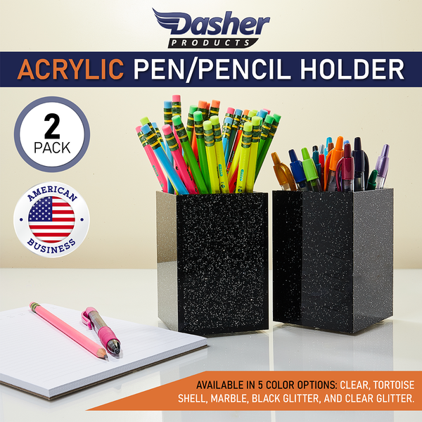 Acrylic Pen Holder Organizer Two Pack, 5mm Thick Clear Pencil Cup for Storing Office Supplies, Makeup Brush Accessories, Toothbrush, Hairbrush, Glasses, and More. Pencil Cup Organizer (Black Glitter)