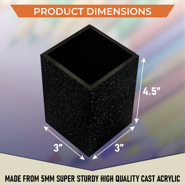 Acrylic Pen Holder Organizer Two Pack, 5mm Thick Clear Pencil Cup for Storing Office Supplies, Makeup Brush Accessories, Toothbrush, Hairbrush, Glasses, and More. Pencil Cup Organizer (Black Glitter)