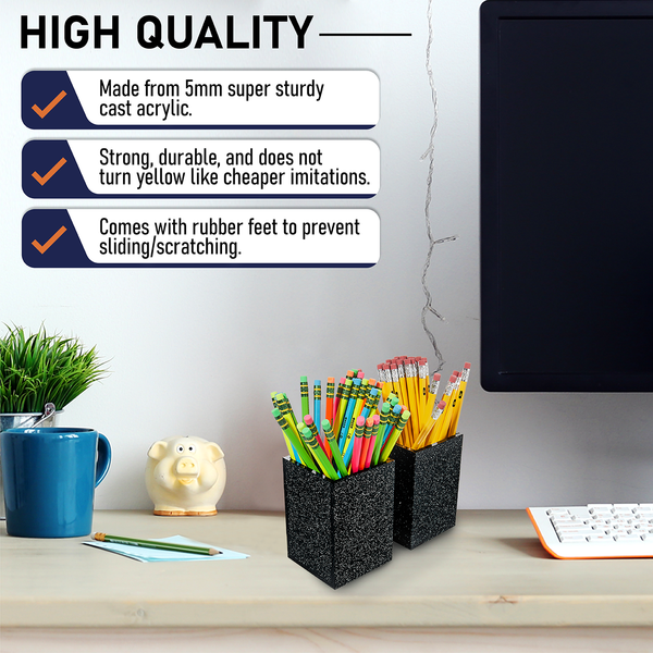 Acrylic Pen Holder Organizer Two Pack, 5mm Thick Clear Pencil Cup for Storing Office Supplies, Makeup Brush Accessories, Toothbrush, Hairbrush, Glasses, and More. Pencil Cup Organizer (Black Glitter)