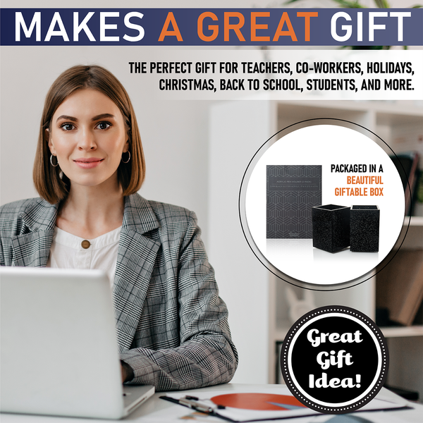 Acrylic Pen Holder Organizer Two Pack, 5mm Thick Clear Pencil Cup for Storing Office Supplies, Makeup Brush Accessories, Toothbrush, Hairbrush, Glasses, and More. Pencil Cup Organizer (Black Glitter)