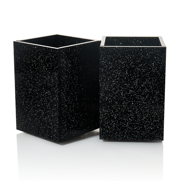 Acrylic Pen Holder Organizer Two Pack, 5mm Thick Clear Pencil Cup for Storing Office Supplies, Makeup Brush Accessories, Toothbrush, Hairbrush, Glasses, and More. Pencil Cup Organizer (Black Glitter)