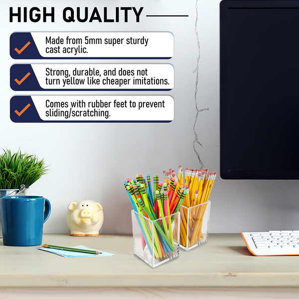 Acrylic Pen Holder Organizer Two Pack, 5mm Thick Clear Pencil Cup for Storing Office Supplies, Makeup Brush Accessories, Toothbrush, Hairbrush, Glasses, More. Pencil Cup Stationery Organizer (Clear)