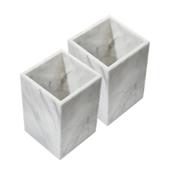 Acrylic Pen Holder Organizer Two Pack, 5mm Thick Clear Pencil Cup for Storing Office Supplies, Makeup Brush Accessories, Toothbrush, Hairbrush, Glasses, More. Pencil Cup Stationery Organizer (Marble)