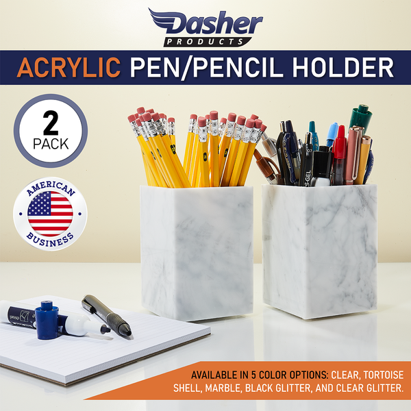 Acrylic Pen Holder Organizer Two Pack, 5mm Thick Clear Pencil Cup for Storing Office Supplies, Makeup Brush Accessories, Toothbrush, Hairbrush, Glasses, More. Pencil Cup Stationery Organizer (Marble)