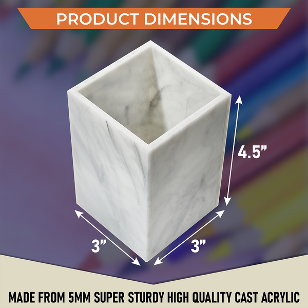 Acrylic Pen Holder Organizer Two Pack, 5mm Thick Clear Pencil Cup for Storing Office Supplies, Makeup Brush Accessories, Toothbrush, Hairbrush, Glasses, More. Pencil Cup Stationery Organizer (Marble)