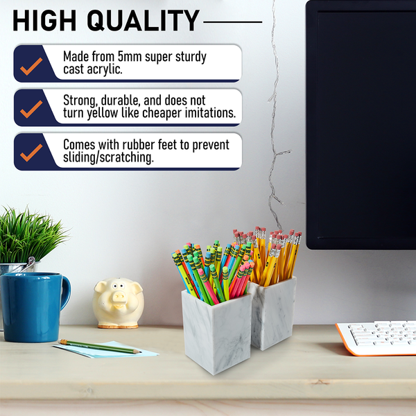 Acrylic Pen Holder Organizer Two Pack, 5mm Thick Clear Pencil Cup for Storing Office Supplies, Makeup Brush Accessories, Toothbrush, Hairbrush, Glasses, More. Pencil Cup Stationery Organizer (Marble)