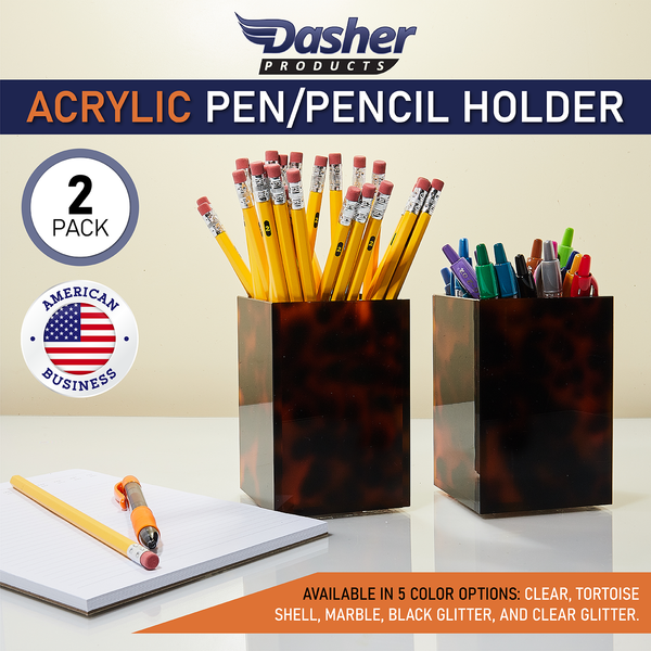 Acrylic Pen Holder Organizer Two Pack, 5mm Thick Clear Pencil Cup for Storing Office Supplies, Makeup Brush Accessories, Toothbrush, Hairbrush, Glasses, and More. Pencil Cup Organizer (Tortoise Shell)