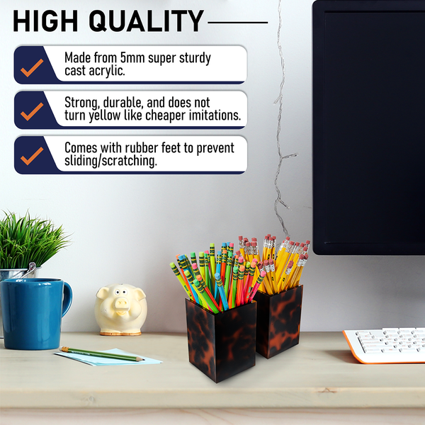 Acrylic Pen Holder Organizer Two Pack, 5mm Thick Clear Pencil Cup for Storing Office Supplies, Makeup Brush Accessories, Toothbrush, Hairbrush, Glasses, and More. Pencil Cup Organizer (Tortoise Shell)