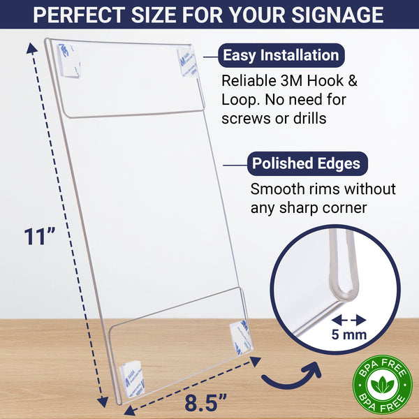 Acrylic Sign Holder with Hook and Loop Adhesive, 8.5 x 11 inches - Portrait or 11 x 8.5 inches - Landscape, Clear Wall Mount Frame, Perfect for home, office, store, restaurant (3 Pack)