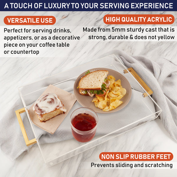 Acrylic Serving Tray with Gold Handles, 16