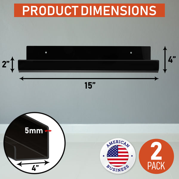 Clear Acrylic Floating Wall Shelves, Two Pack, 15 Inch Wall Bookshelf for Kids, 5 mm Acrylic Shelves for Kitchen, Shower, Nursery. Spice Rack, Display Organizer, Bathroom Storage Shelves (Black)