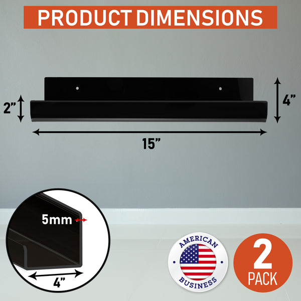 Clear Acrylic Floating Wall Shelves, Two Pack, 15 Inch Wall Bookshelf for Kids, 5 mm Acrylic Shelves for Kitchen, Shower, Nursery. Spice Rack, Display Organizer, Bathroom Storage Shelves (Black)