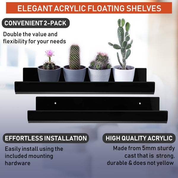 Clear Acrylic Floating Wall Shelves, Two Pack, 15 Inch Wall Bookshelf for Kids, 5 mm Acrylic Shelves for Kitchen, Shower, Nursery. Spice Rack, Display Organizer, Bathroom Storage Shelves (Black)