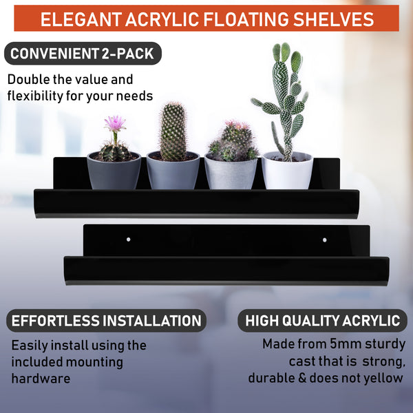 Clear Acrylic Floating Wall Shelves, Two Pack, 15 Inch Wall Bookshelf for Kids, 5 mm Acrylic Shelves for Kitchen, Shower, Nursery. Spice Rack, Display Organizer, Bathroom Storage Shelves (Black)