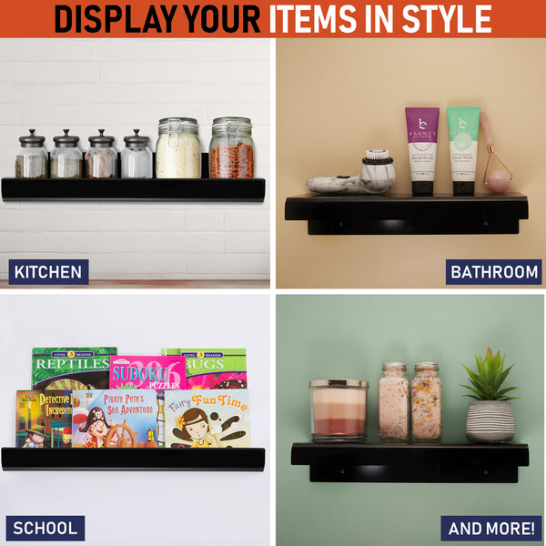 Clear Acrylic Floating Wall Shelves, Two Pack, 15 Inch Wall Bookshelf for Kids, 5 mm Acrylic Shelves for Kitchen, Shower, Nursery. Spice Rack, Display Organizer, Bathroom Storage Shelves (Black)