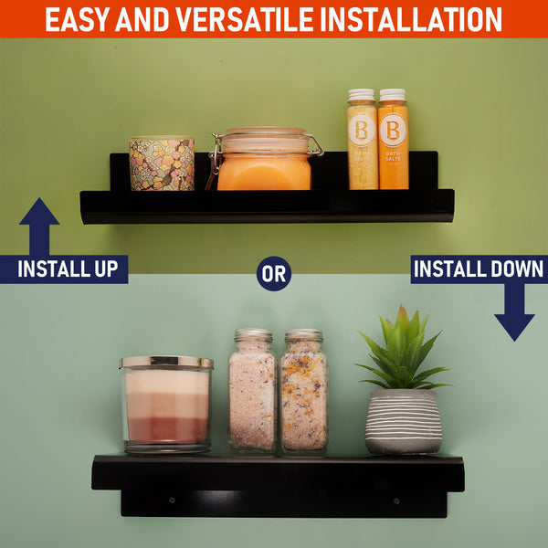 Clear Acrylic Floating Wall Shelves, Two Pack, 15 Inch Wall Bookshelf for Kids, 5 mm Acrylic Shelves for Kitchen, Shower, Nursery. Spice Rack, Display Organizer, Bathroom Storage Shelves (Black)