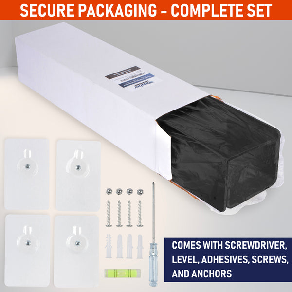 Clear Acrylic Floating Wall Shelves, Two Pack, 15 Inch Wall Bookshelf for Kids, 5 mm Acrylic Shelves for Kitchen, Shower, Nursery. Spice Rack, Display Organizer, Bathroom Storage Shelves (Black)