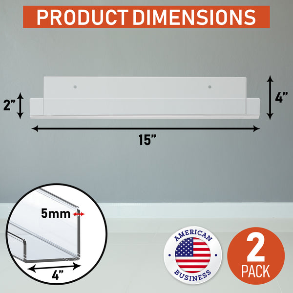 Clear Acrylic Floating Wall Shelves, Two Pack, 15 Inch Wall Bookshelf for Kids, 5 mm Acrylic Shelves for Kitchen, Shower, Nursery. Spice Rack, Display Organizer, Bathroom Storage Shelves (Clear)