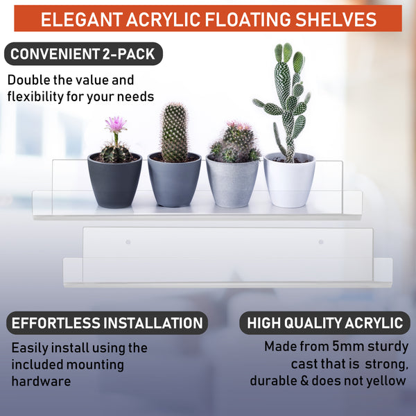 Clear Acrylic Floating Wall Shelves, Two Pack, 15 Inch Wall Bookshelf for Kids, 5 mm Acrylic Shelves for Kitchen, Shower, Nursery. Spice Rack, Display Organizer, Bathroom Storage Shelves (Clear)