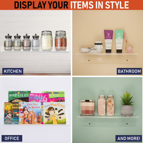 Clear Acrylic Floating Wall Shelves, Two Pack, 15 Inch Wall Bookshelf for Kids, 5 mm Acrylic Shelves for Kitchen, Shower, Nursery. Spice Rack, Display Organizer, Bathroom Storage Shelves (Clear)