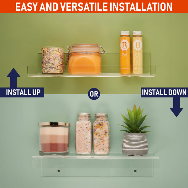 Clear Acrylic Floating Wall Shelves, Two Pack, 15 Inch Wall Bookshelf for Kids, 5 mm Acrylic Shelves for Kitchen, Shower, Nursery. Spice Rack, Display Organizer, Bathroom Storage Shelves (Clear)