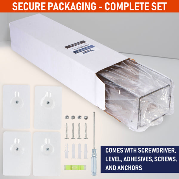 Clear Acrylic Floating Wall Shelves, Two Pack, 15 Inch Wall Bookshelf for Kids, 5 mm Acrylic Shelves for Kitchen, Shower, Nursery. Spice Rack, Display Organizer, Bathroom Storage Shelves (Clear)