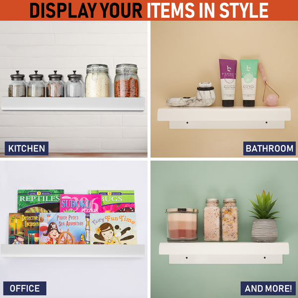 Clear Acrylic Floating Wall Shelves, Two Pack, 15 Inch Wall Bookshelf for Kids, 5 mm Acrylic Shelves for Kitchen, Shower, Nursery. Invisible Spice Rack, Display Organizer, Bathroom Storage Shelves (White)