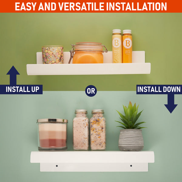 Clear Acrylic Floating Wall Shelves, Two Pack, 15 Inch Wall Bookshelf for Kids, 5 mm Acrylic Shelves for Kitchen, Shower, Nursery. Invisible Spice Rack, Display Organizer, Bathroom Storage Shelves (White)