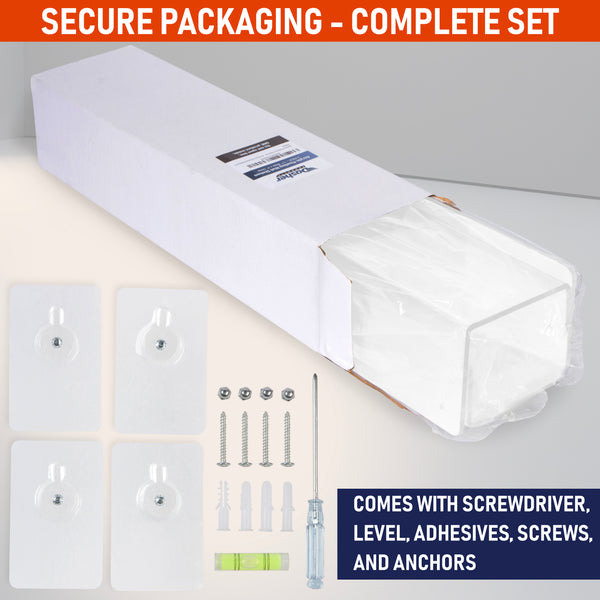 Clear Acrylic Floating Wall Shelves, Two Pack, 15 Inch Wall Bookshelf for Kids, 5 mm Acrylic Shelves for Kitchen, Shower, Nursery. Invisible Spice Rack, Display Organizer, Bathroom Storage Shelves (White)