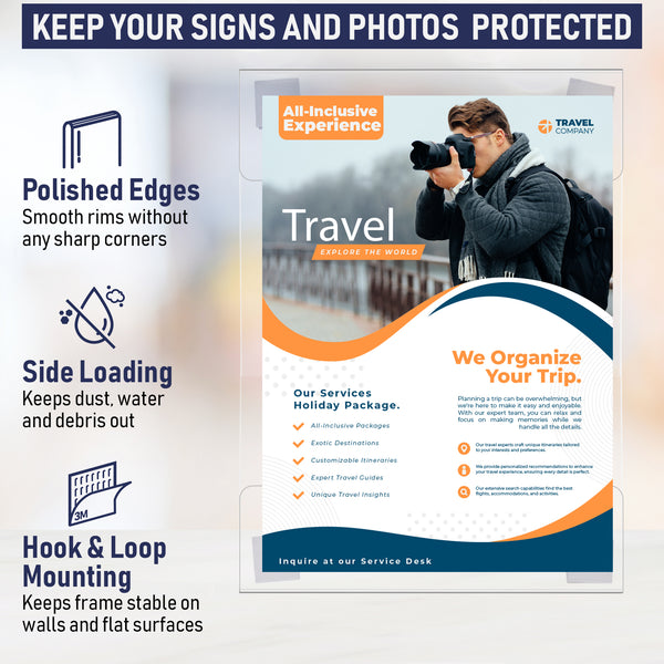 Acrylic Sign Holder with Hook and Loop Adhesive, 8.5 x 11 inches - Portrait or 11 x 8.5 inches - Landscape, Clear Wall Mount Frame, Perfect for home, office, store, restaurant (6 Pack)