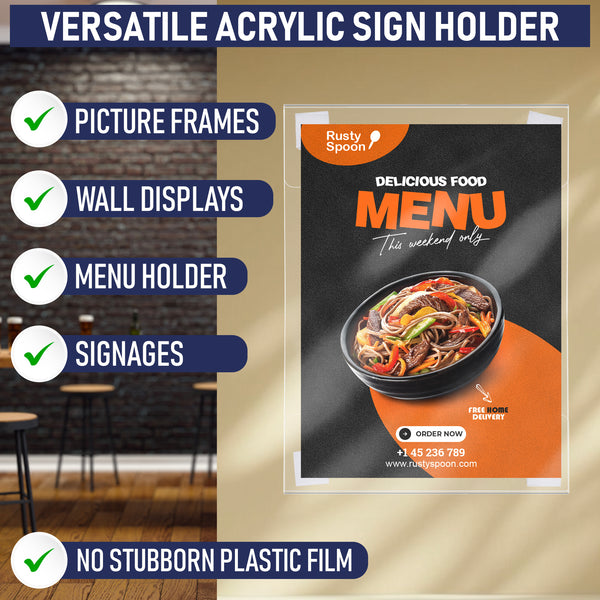 Acrylic Sign Holder with Hook and Loop Adhesive, 8.5 x 11 inches - Portrait or 11 x 8.5 inches - Landscape, Clear Wall Mount Frame, Perfect for home, office, store, restaurant (6 Pack)