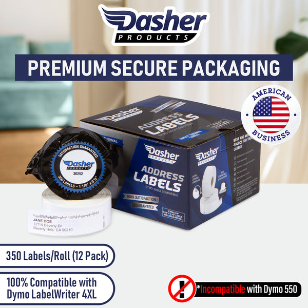 Dasher Products Address Labels Compatible with Dymo 30252 1-1/8'' x 3-1/2'', 12 rolls of 350 Labels, Self-Adhesive for Shipping, Barcode, UPC, Compatible with LabelWriter 4XL, 450, 450 Turbo, & More