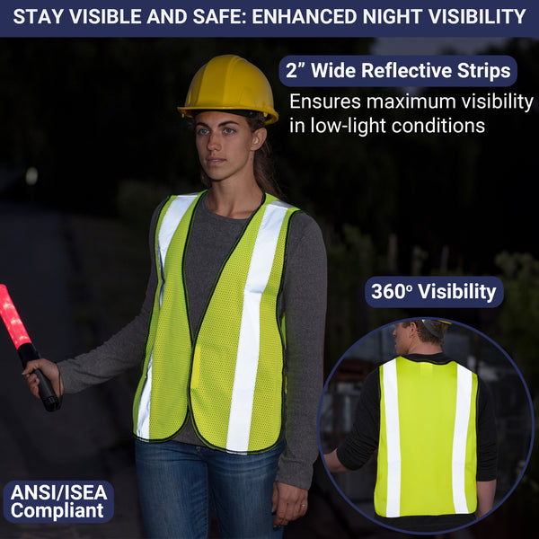 Safety Vest with High Visibility - 2 Inch Reflective Strips, Bright Neon Yellow, Breathable Polyester Mesh Fabric, ANSI ISEA Class Unrated, Hi Viz All Day and Night (10 Pack - Small-Large)