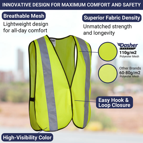 Safety Vest with High Visibility - 2 Inch Reflective Strips, Bright Neon Yellow, Breathable Polyester Mesh Fabric, ANSI ISEA Class Unrated, Hi Viz All Day and Night (10 Pack - Small-Large)