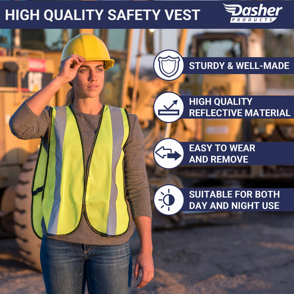 Safety Vest with High Visibility - 2 Inch Reflective Strips, Bright Neon Yellow, Breathable Polyester Mesh Fabric, ANSI ISEA Class Unrated, Hi Viz All Day and Night (10 Pack - Small-Large)
